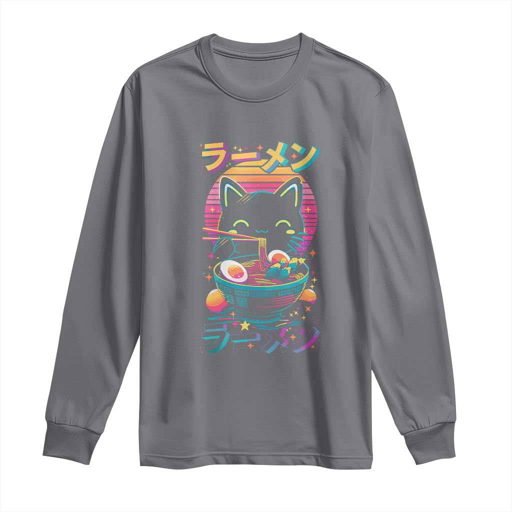 Retro Kawaii Ramen Cat Graphic Long Sleeve Shirt Cute Anime Japanese Japan Inspo TS02 Charcoal Print Your Wear
