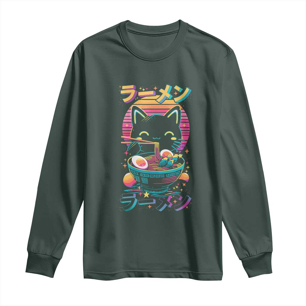 Retro Kawaii Ramen Cat Graphic Long Sleeve Shirt Cute Anime Japanese Japan Inspo TS02 Dark Forest Green Print Your Wear