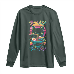 Retro Kawaii Ramen Cat Graphic Long Sleeve Shirt Cute Anime Japanese Japan Inspo TS02 Dark Forest Green Print Your Wear