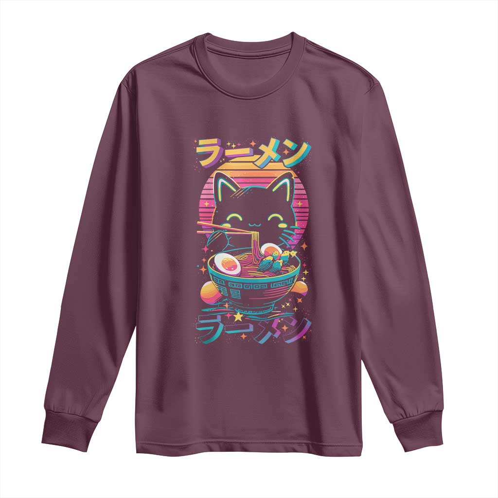Retro Kawaii Ramen Cat Graphic Long Sleeve Shirt Cute Anime Japanese Japan Inspo TS02 Maroon Print Your Wear