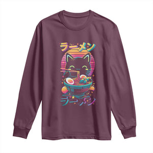 Retro Kawaii Ramen Cat Graphic Long Sleeve Shirt Cute Anime Japanese Japan Inspo TS02 Maroon Print Your Wear
