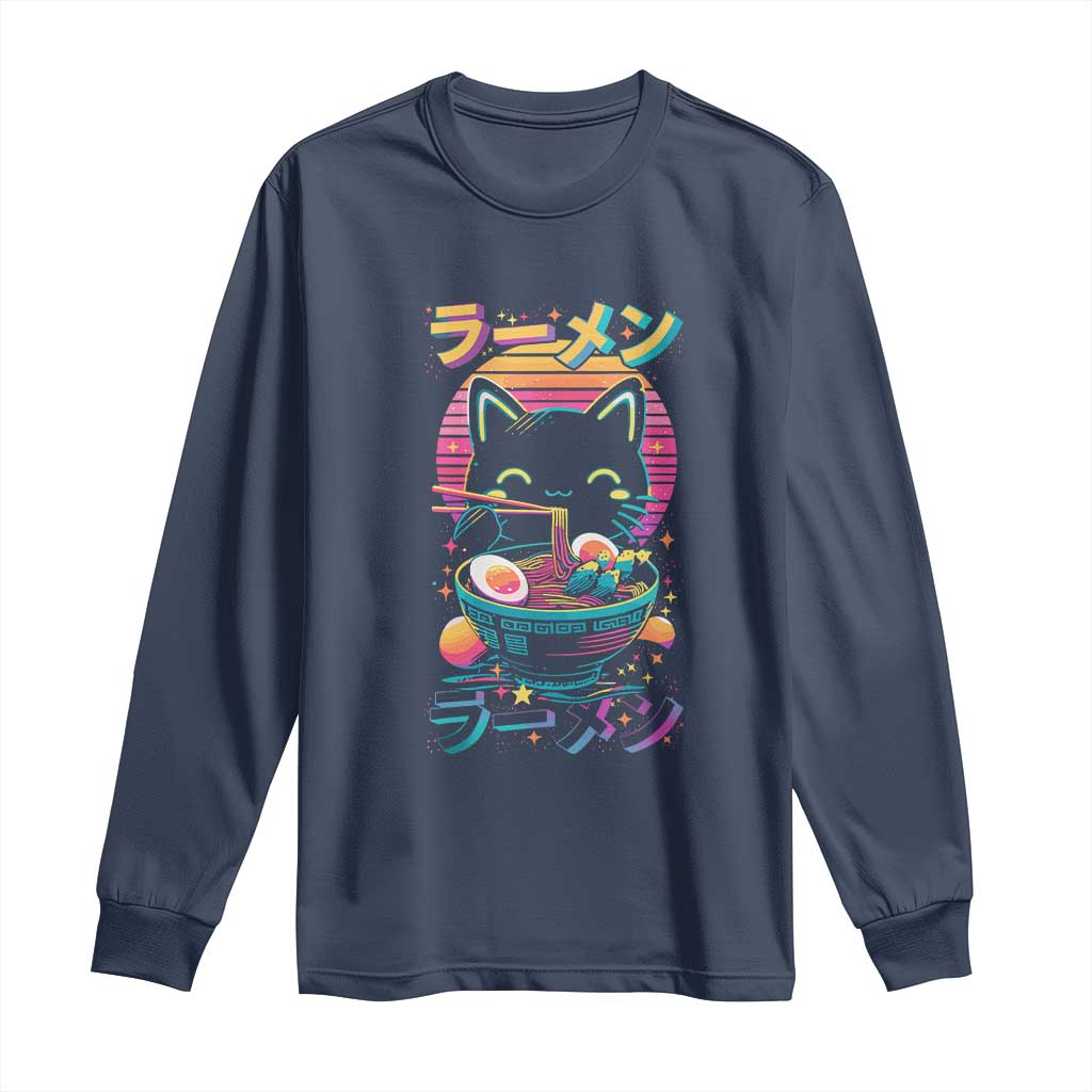 Retro Kawaii Ramen Cat Graphic Long Sleeve Shirt Cute Anime Japanese Japan Inspo TS02 Navy Print Your Wear