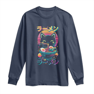 Retro Kawaii Ramen Cat Graphic Long Sleeve Shirt Cute Anime Japanese Japan Inspo TS02 Navy Print Your Wear