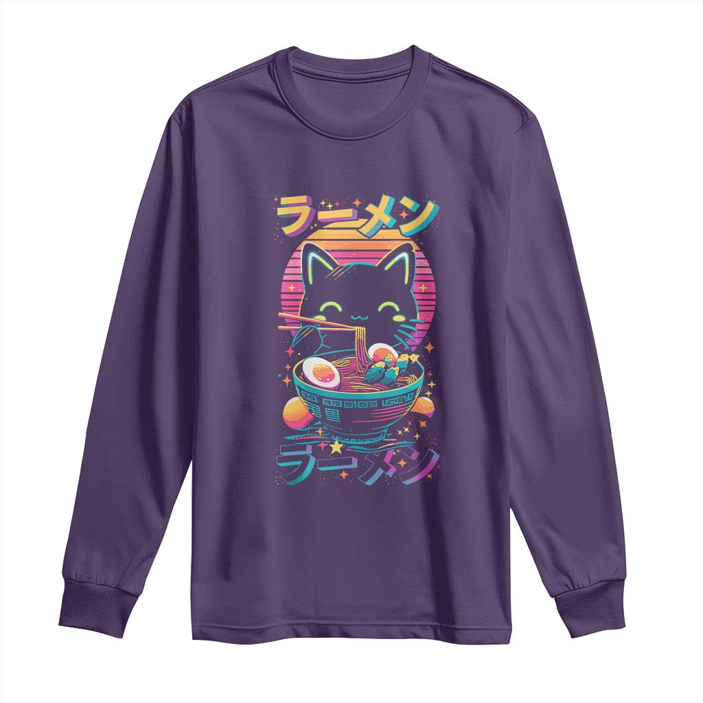 Retro Kawaii Ramen Cat Graphic Long Sleeve Shirt Cute Anime Japanese Japan Inspo TS02 Purple Print Your Wear