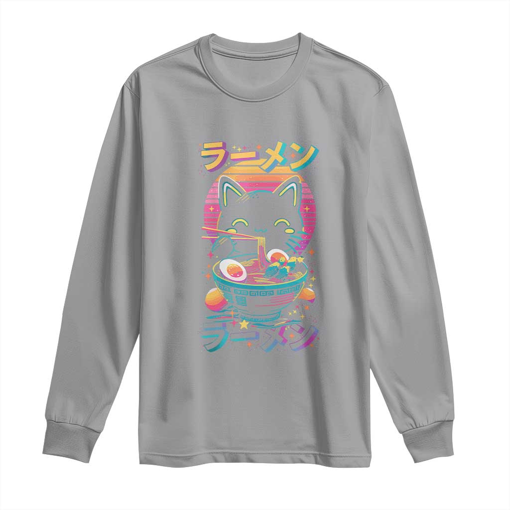 Retro Kawaii Ramen Cat Graphic Long Sleeve Shirt Cute Anime Japanese Japan Inspo TS02 Sport Gray Print Your Wear
