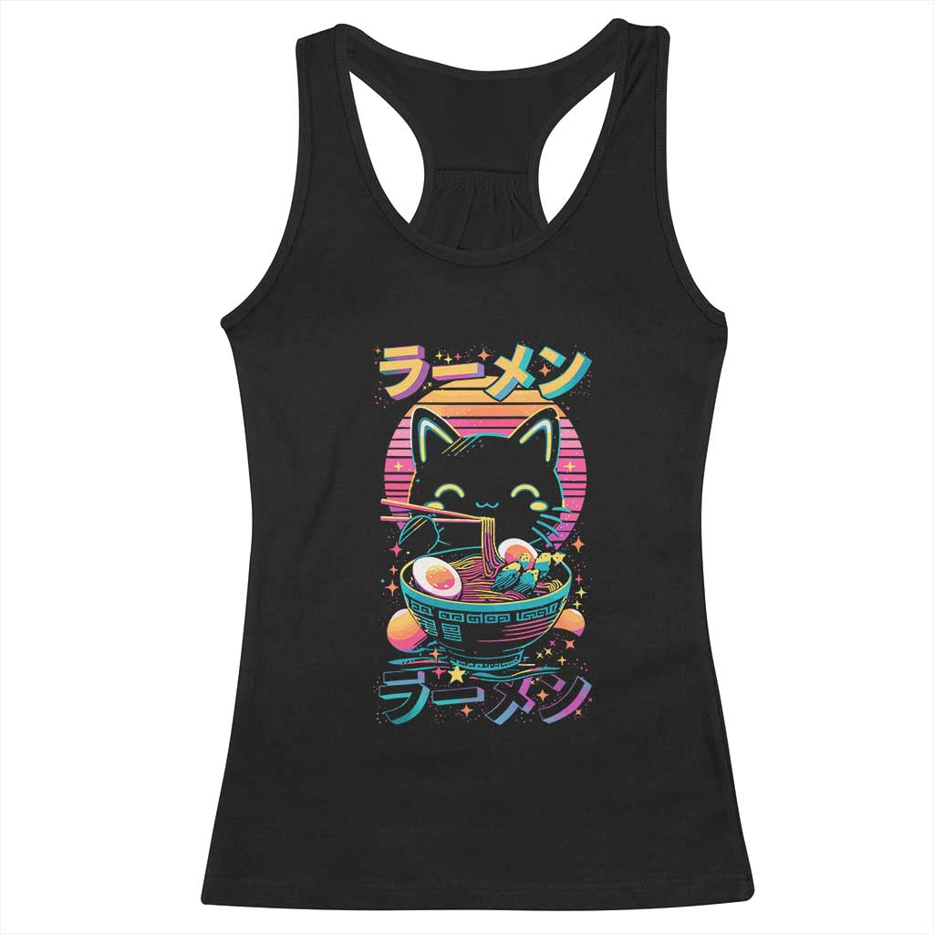 Retro Kawaii Ramen Cat Graphic Racerback Tank Top Cute Anime Japanese Japan Inspo TS02 Black Print Your Wear