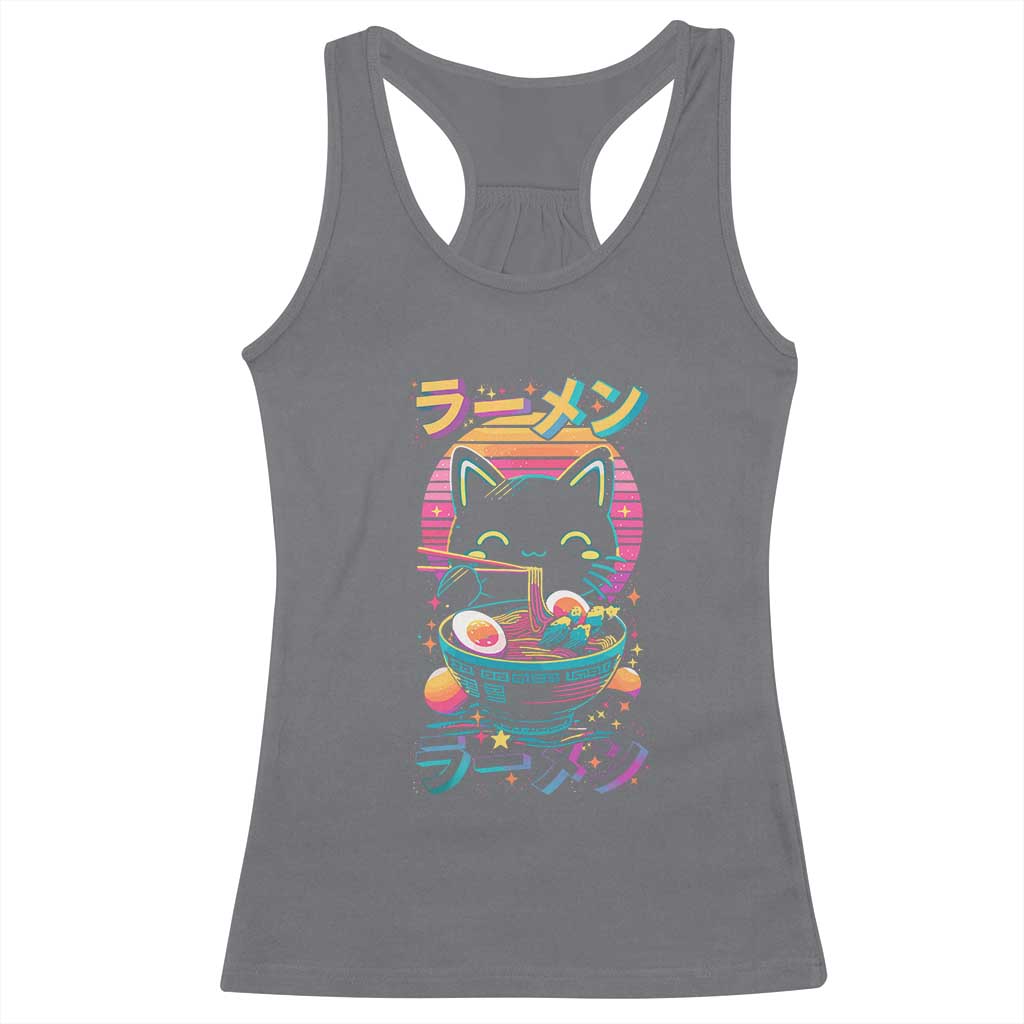 Retro Kawaii Ramen Cat Graphic Racerback Tank Top Cute Anime Japanese Japan Inspo TS02 Charcoal Print Your Wear