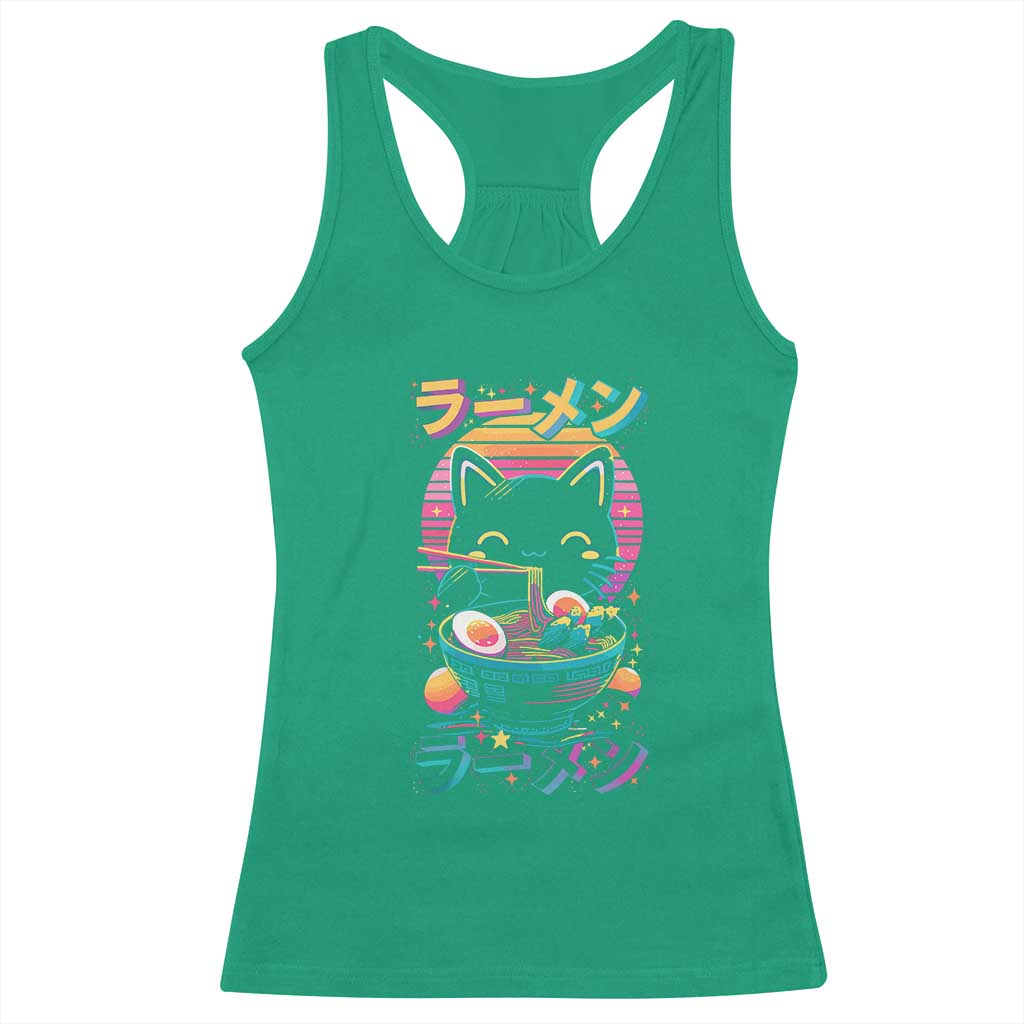 Retro Kawaii Ramen Cat Graphic Racerback Tank Top Cute Anime Japanese Japan Inspo TS02 Irish Green Print Your Wear