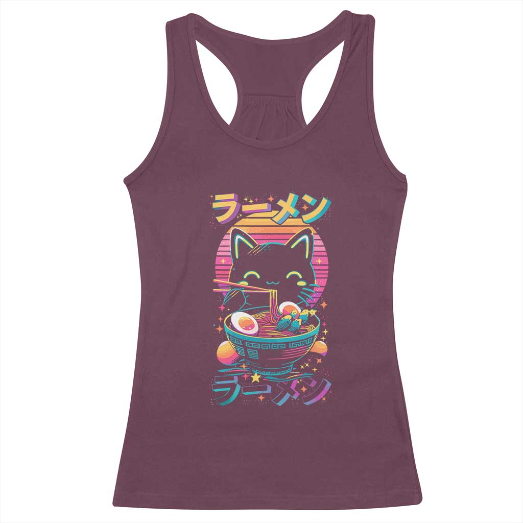 Retro Kawaii Ramen Cat Graphic Racerback Tank Top Cute Anime Japanese Japan Inspo TS02 Maroon Print Your Wear