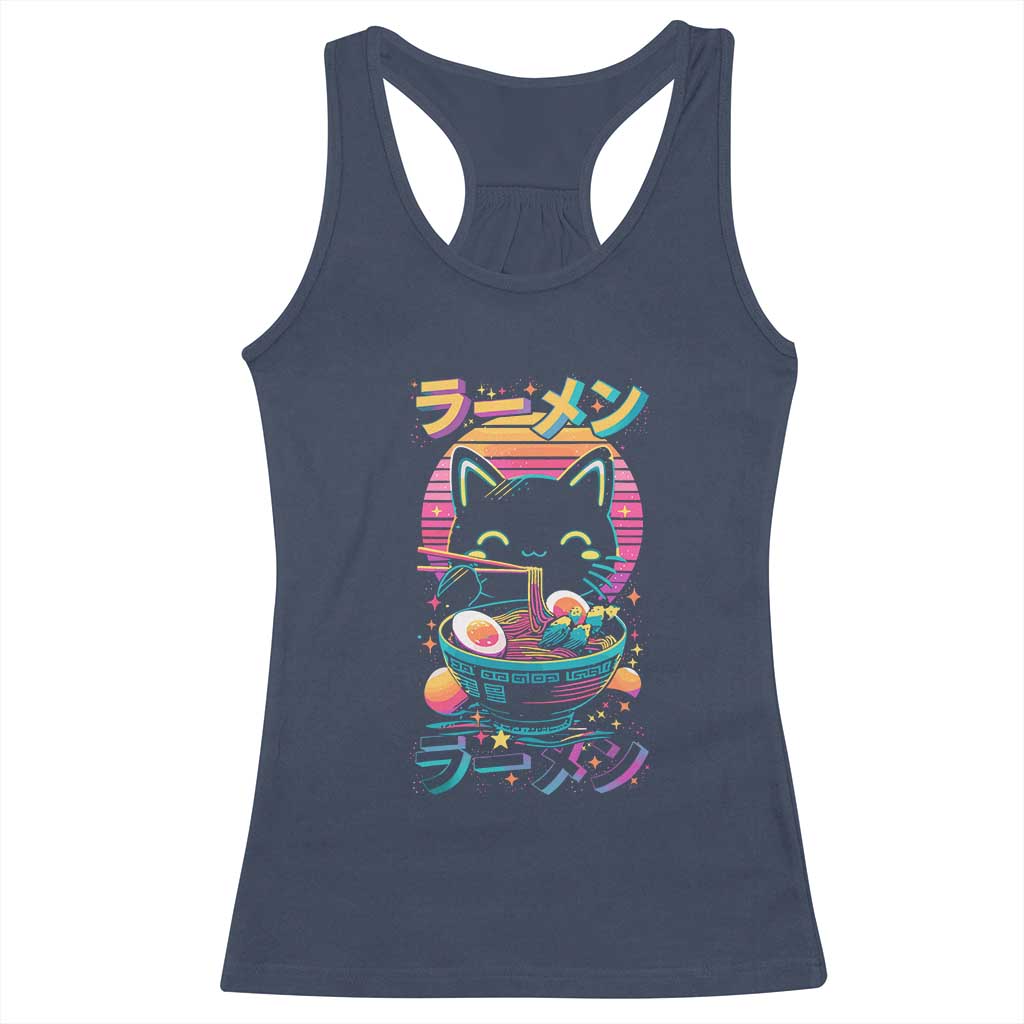 Retro Kawaii Ramen Cat Graphic Racerback Tank Top Cute Anime Japanese Japan Inspo TS02 Navy Print Your Wear