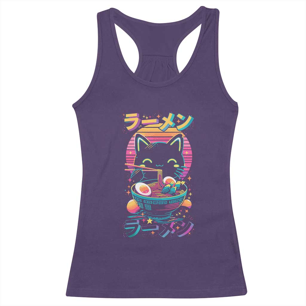 Retro Kawaii Ramen Cat Graphic Racerback Tank Top Cute Anime Japanese Japan Inspo TS02 Purple Print Your Wear