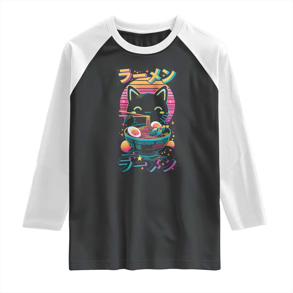 Retro Kawaii Ramen Cat Graphic Raglan Shirt Cute Anime Japanese Japan Inspo TS02 Black White Print Your Wear