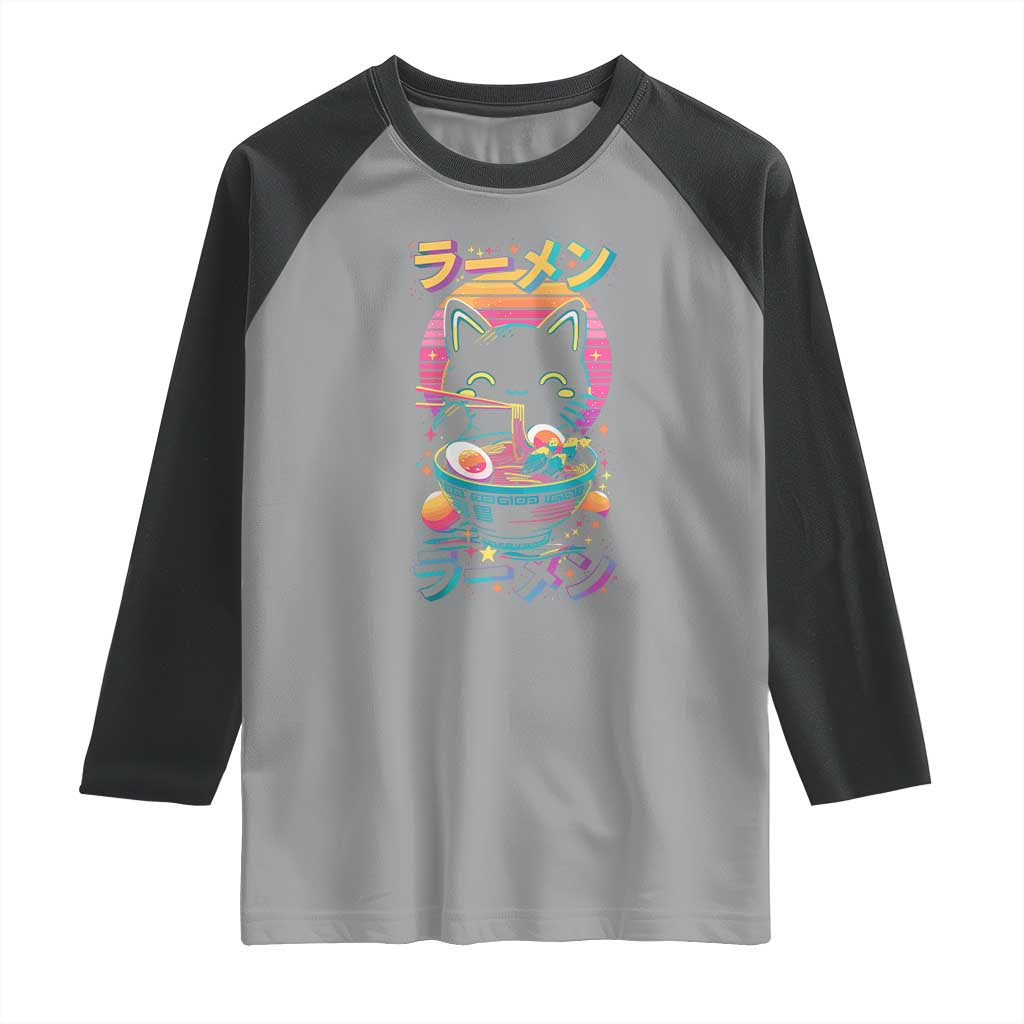 Retro Kawaii Ramen Cat Graphic Raglan Shirt Cute Anime Japanese Japan Inspo TS02 Sport Gray Black Print Your Wear