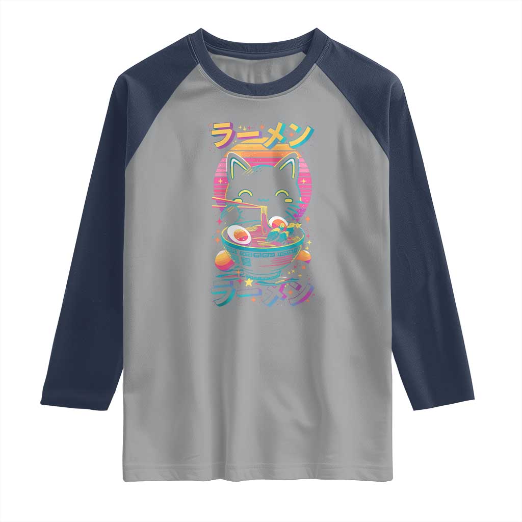 Retro Kawaii Ramen Cat Graphic Raglan Shirt Cute Anime Japanese Japan Inspo TS02 Sport Gray Navy Print Your Wear