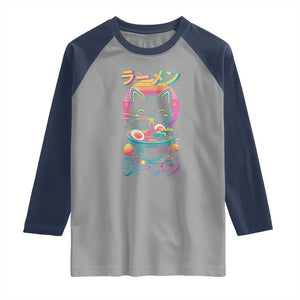 Retro Kawaii Ramen Cat Graphic Raglan Shirt Cute Anime Japanese Japan Inspo TS02 Sport Gray Navy Print Your Wear