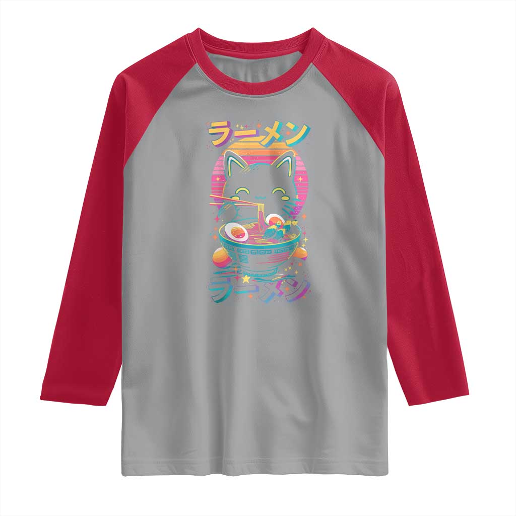 Retro Kawaii Ramen Cat Graphic Raglan Shirt Cute Anime Japanese Japan Inspo TS02 Sport Gray Red Print Your Wear