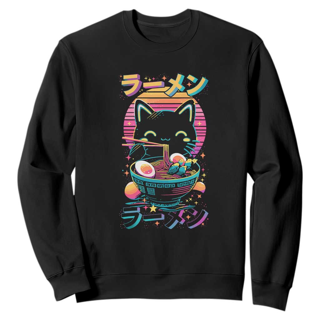 Retro Kawaii Ramen Cat Graphic Sweatshirt Cute Anime Japanese Japan Inspo TS02 Black Print Your Wear