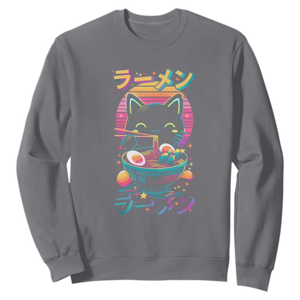 Retro Kawaii Ramen Cat Graphic Sweatshirt Cute Anime Japanese Japan Inspo TS02 Charcoal Print Your Wear