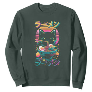 Retro Kawaii Ramen Cat Graphic Sweatshirt Cute Anime Japanese Japan Inspo TS02 Dark Forest Green Print Your Wear