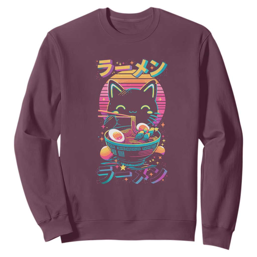 Retro Kawaii Ramen Cat Graphic Sweatshirt Cute Anime Japanese Japan Inspo TS02 Maroon Print Your Wear