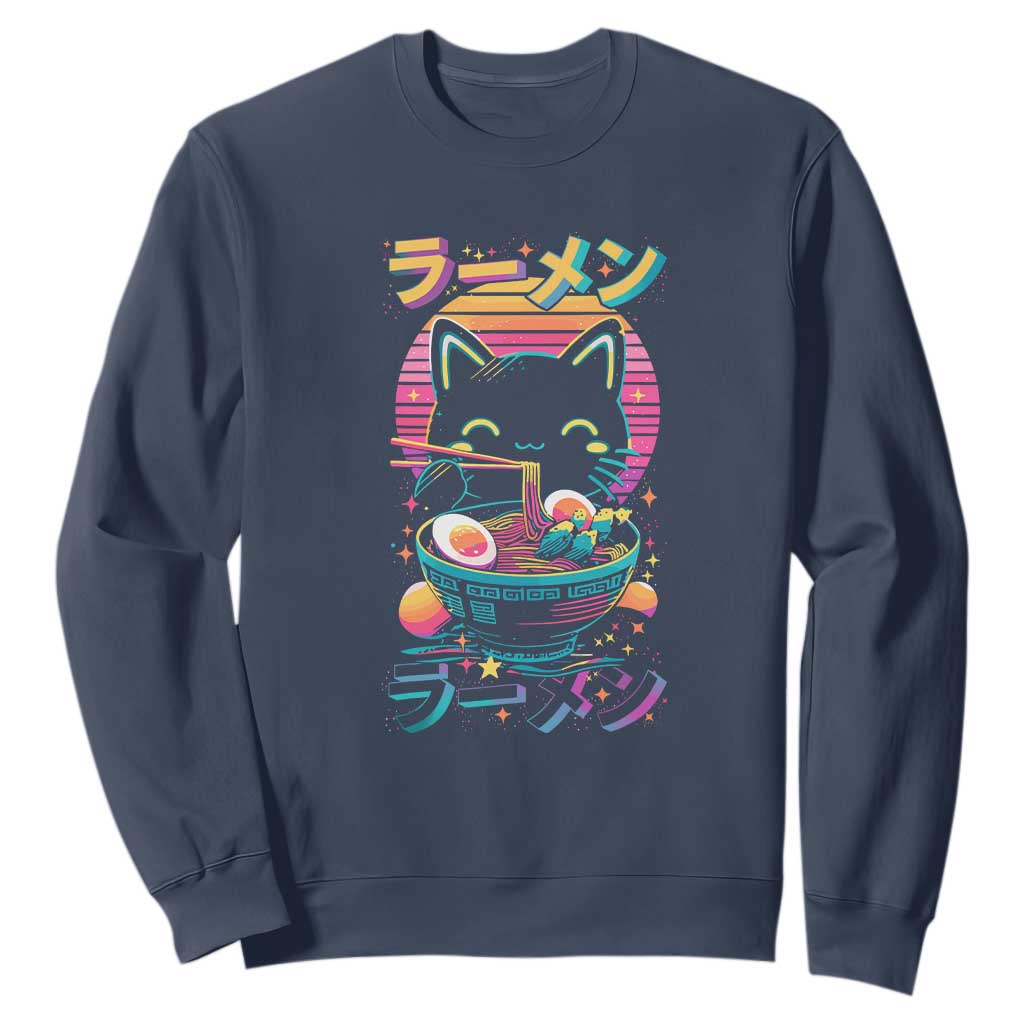 Retro Kawaii Ramen Cat Graphic Sweatshirt Cute Anime Japanese Japan Inspo TS02 Navy Print Your Wear