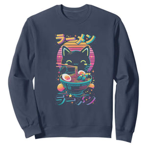 Retro Kawaii Ramen Cat Graphic Sweatshirt Cute Anime Japanese Japan Inspo TS02 Navy Print Your Wear