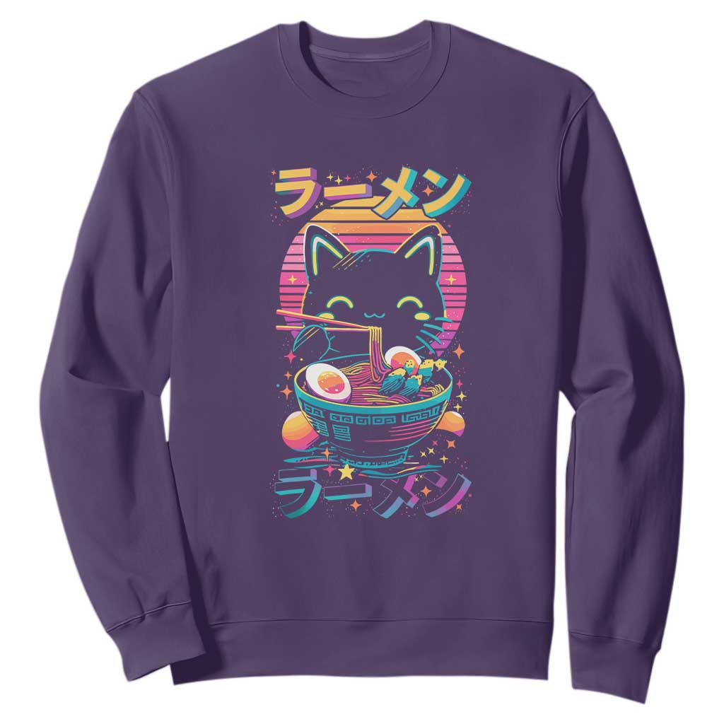 Retro Kawaii Ramen Cat Graphic Sweatshirt Cute Anime Japanese Japan Inspo TS02 Purple Print Your Wear