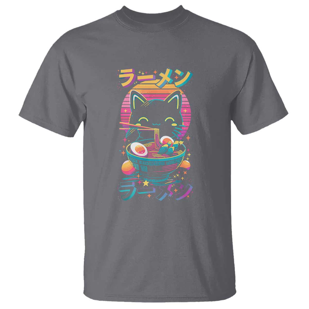 Retro Kawaii Ramen Cat Graphic T Shirt Cute Anime Japanese Japan Inspo TS02 Charcoal Print Your Wear