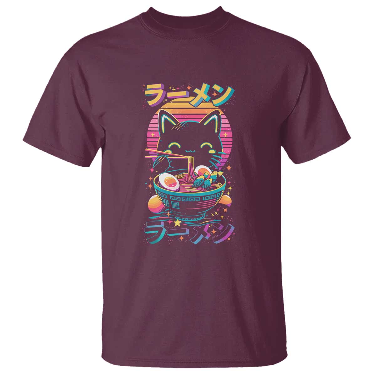 Retro Kawaii Ramen Cat Graphic T Shirt Cute Anime Japanese Japan Inspo TS02 Maroon Print Your Wear