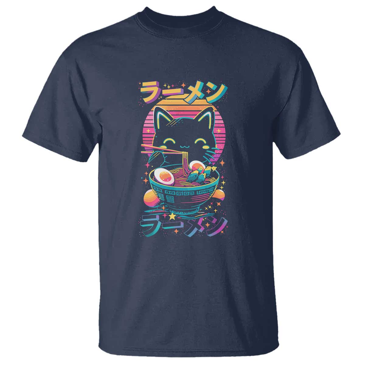 Retro Kawaii Ramen Cat Graphic T Shirt Cute Anime Japanese Japan Inspo TS02 Navy Print Your Wear