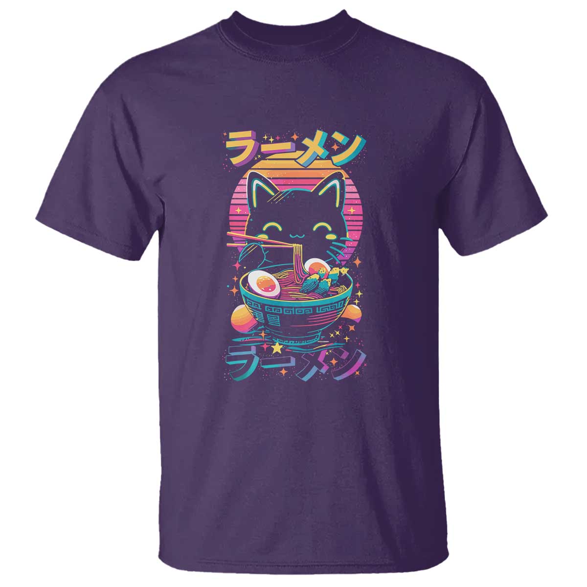 Retro Kawaii Ramen Cat Graphic T Shirt Cute Anime Japanese Japan Inspo TS02 Purple Print Your Wear