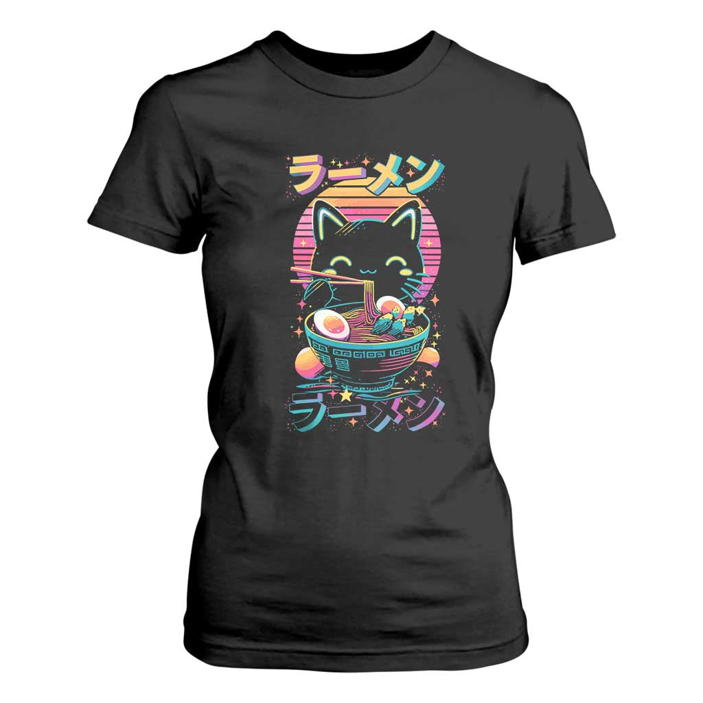 Retro Kawaii Ramen Cat Graphic T Shirt For Women Cute Anime Japanese Japan Inspo TS02 Black Print Your Wear