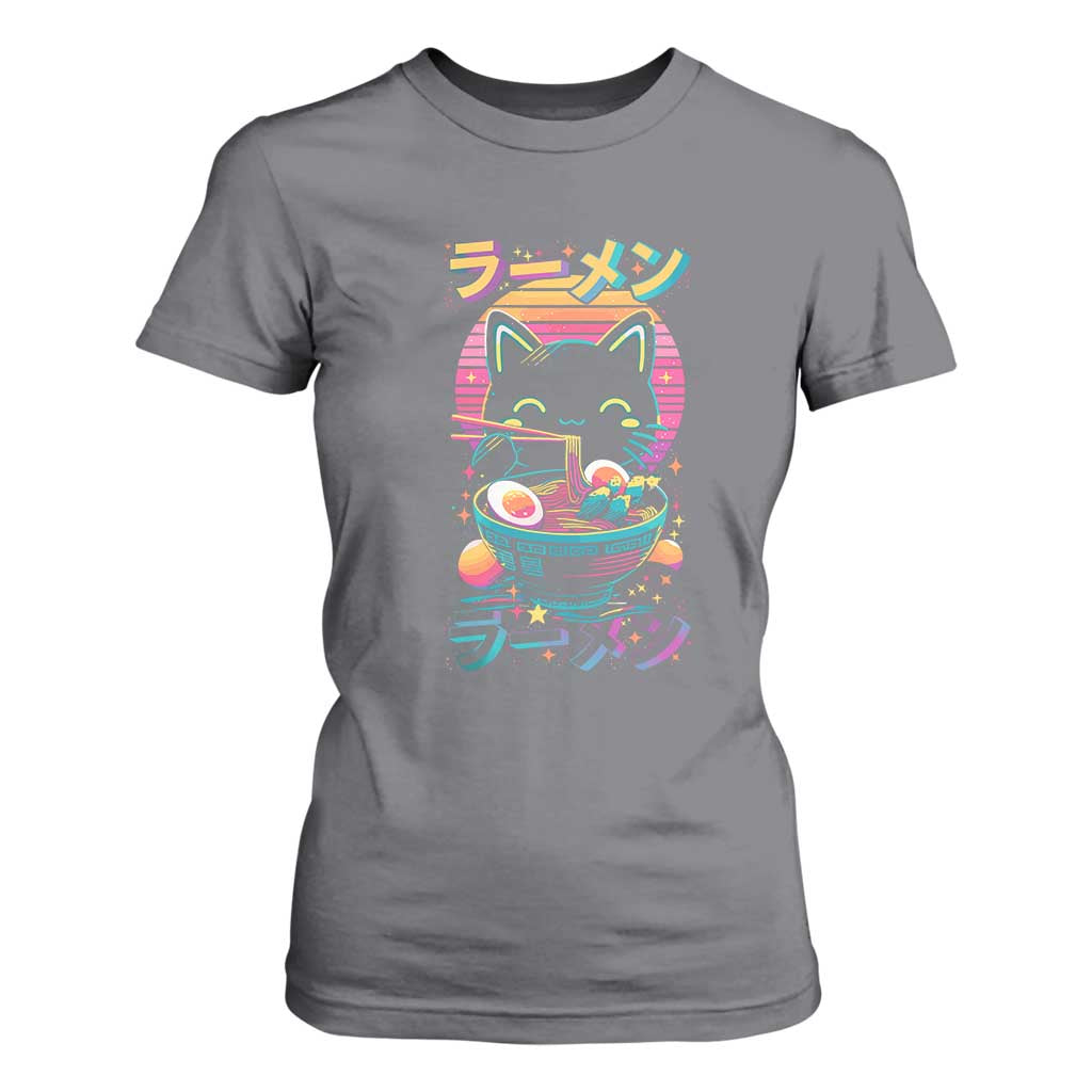 Retro Kawaii Ramen Cat Graphic T Shirt For Women Cute Anime Japanese Japan Inspo TS02 Charcoal Print Your Wear