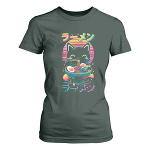 Retro Kawaii Ramen Cat Graphic T Shirt For Women Cute Anime Japanese Japan Inspo TS02 Dark Forest Green Print Your Wear