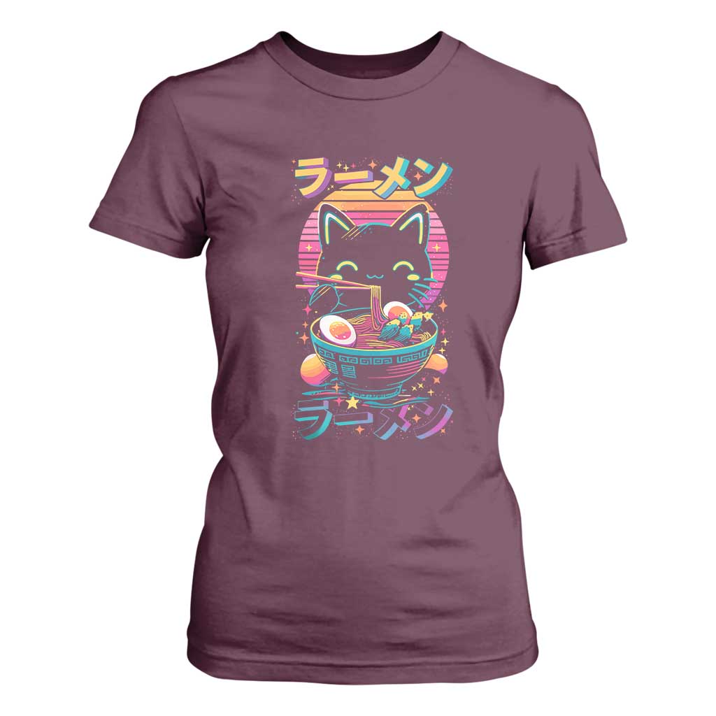 Retro Kawaii Ramen Cat Graphic T Shirt For Women Cute Anime Japanese Japan Inspo TS02 Maroon Print Your Wear
