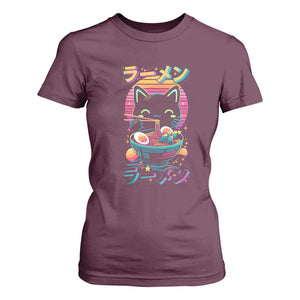 Retro Kawaii Ramen Cat Graphic T Shirt For Women Cute Anime Japanese Japan Inspo TS02 Maroon Print Your Wear