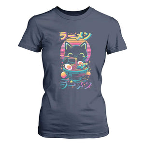 Retro Kawaii Ramen Cat Graphic T Shirt For Women Cute Anime Japanese Japan Inspo TS02 Navy Print Your Wear