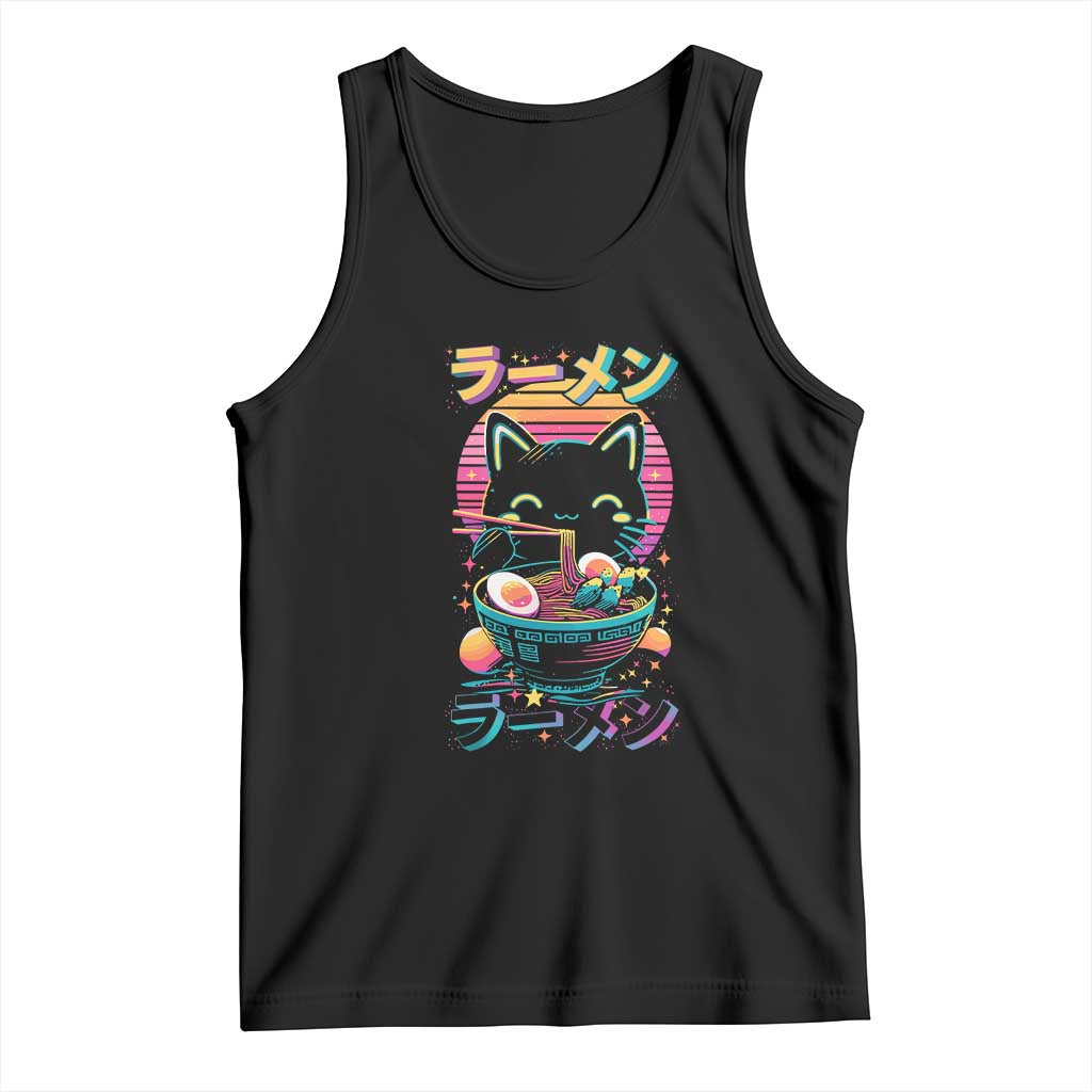 Retro Kawaii Ramen Cat Graphic Tank Top Cute Anime Japanese Japan Inspo TS02 Black Print Your Wear