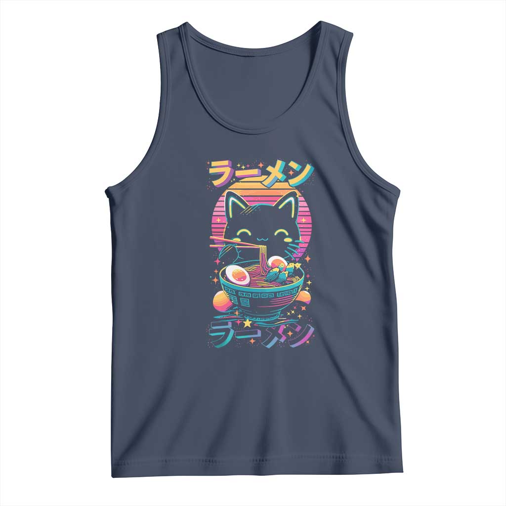 Retro Kawaii Ramen Cat Graphic Tank Top Cute Anime Japanese Japan Inspo TS02 Navy Print Your Wear