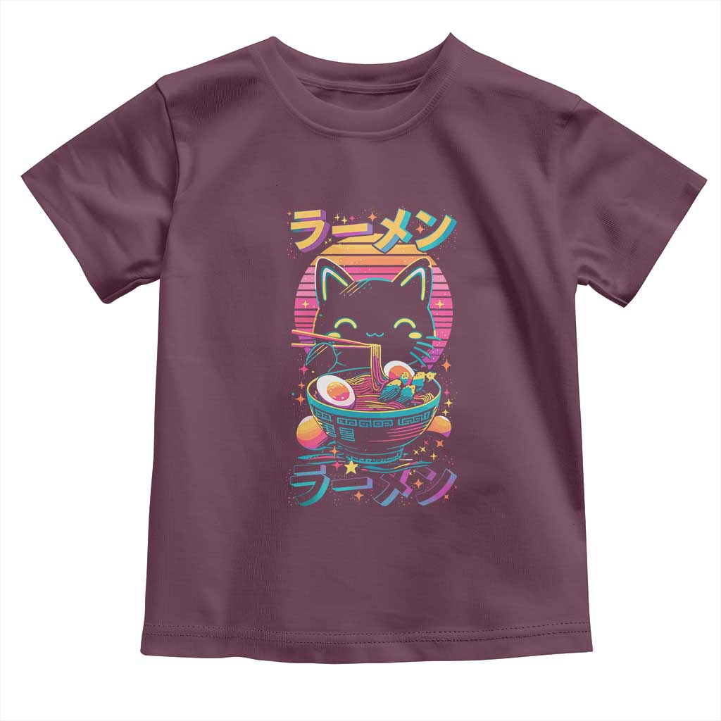 Retro Kawaii Ramen Cat Graphic Toddler T Shirt Cute Anime Japanese Japan Inspo TS02 Maroon Print Your Wear