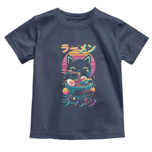 Retro Kawaii Ramen Cat Graphic Toddler T Shirt Cute Anime Japanese Japan Inspo TS02 Navy Print Your Wear