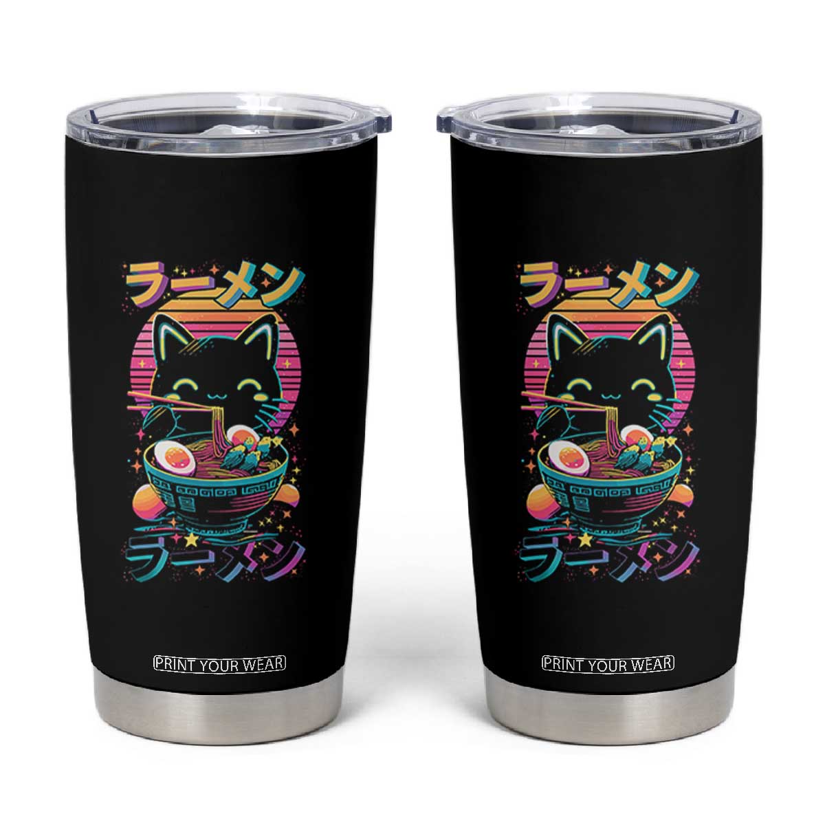 Retro Kawaii Ramen Cat Graphic Tumbler Cup Cute Anime Japanese Japan Inspo TS02 Black Print Your Wear