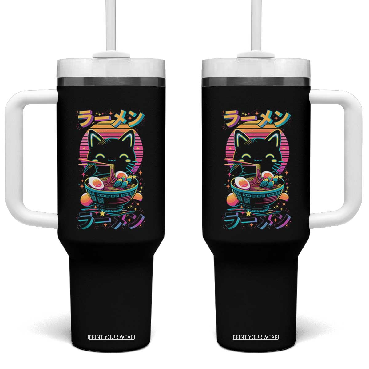 Retro Kawaii Ramen Cat Graphic Tumbler With Handle Cute Anime Japanese Japan Inspo TS02 One Size: 40 oz Black Print Your Wear