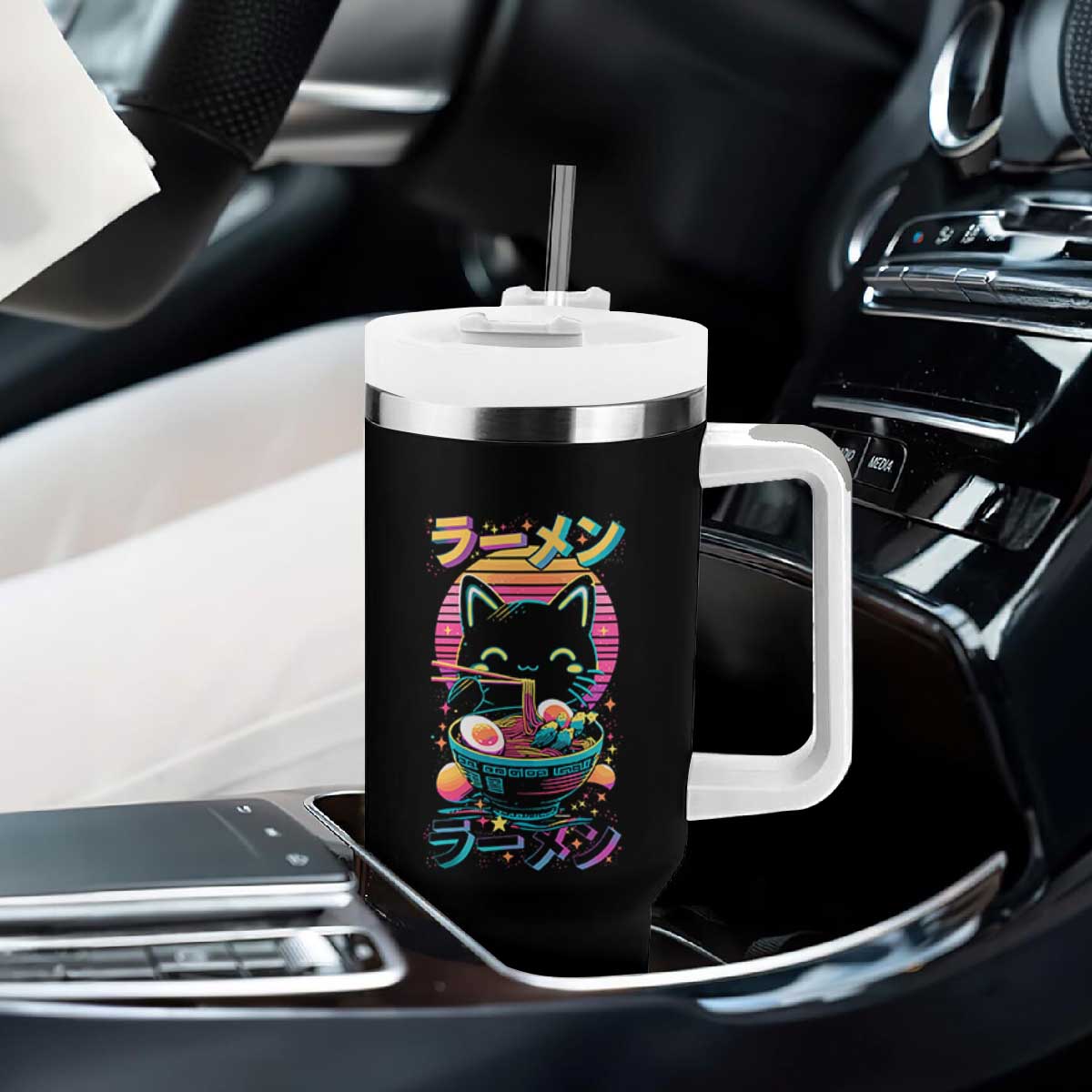 Retro Kawaii Ramen Cat Graphic Tumbler With Handle Cute Anime Japanese Japan Inspo TS02 Print Your Wear