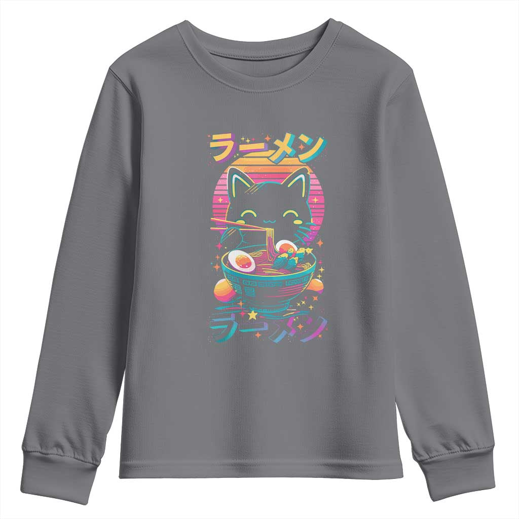 Retro Kawaii Ramen Cat Graphic Youth Sweatshirt Cute Anime Japanese Japan Inspo TS02 Charcoal Print Your Wear