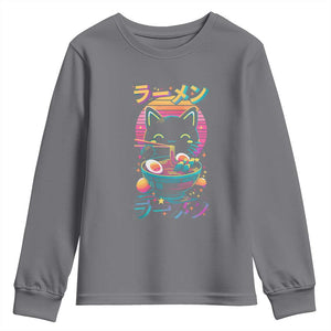 Retro Kawaii Ramen Cat Graphic Youth Sweatshirt Cute Anime Japanese Japan Inspo TS02 Charcoal Print Your Wear
