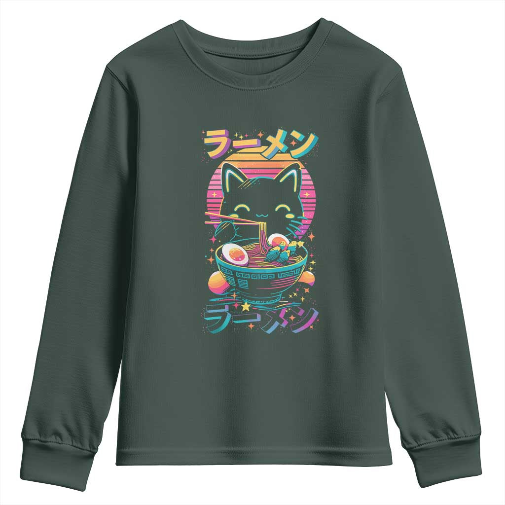Retro Kawaii Ramen Cat Graphic Youth Sweatshirt Cute Anime Japanese Japan Inspo TS02 Dark Forest Green Print Your Wear