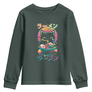 Retro Kawaii Ramen Cat Graphic Youth Sweatshirt Cute Anime Japanese Japan Inspo TS02 Dark Forest Green Print Your Wear