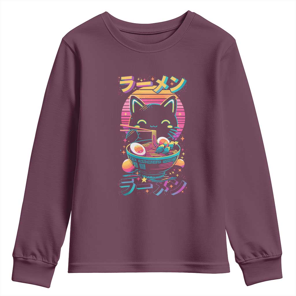 Retro Kawaii Ramen Cat Graphic Youth Sweatshirt Cute Anime Japanese Japan Inspo TS02 Maroon Print Your Wear