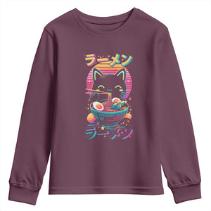 Retro Kawaii Ramen Cat Graphic Youth Sweatshirt Cute Anime Japanese Japan Inspo TS02 Maroon Print Your Wear